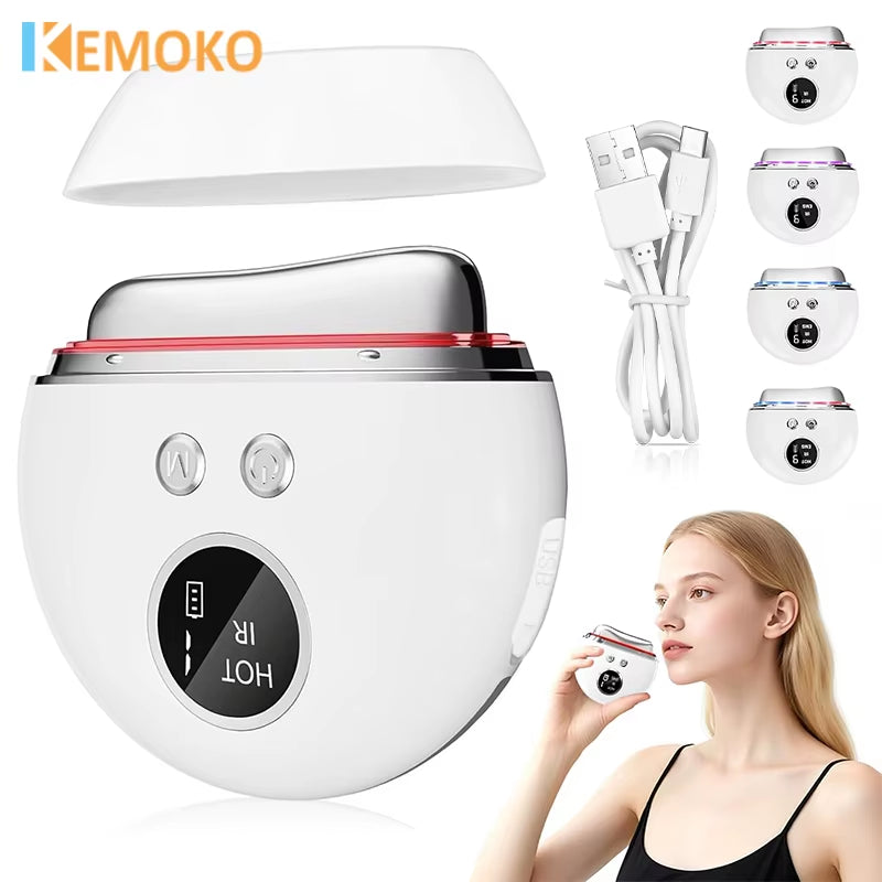 Electric EMS Gua Sha massager in white and pink, with heated scraping head, display, buttons, and USB cable