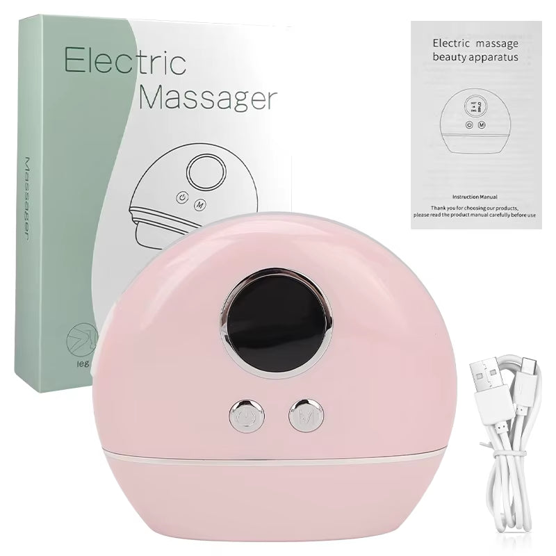 Electric EMS Gua Sha massager in glossy pink ABS with black display, silver buttons, and USB charging cable