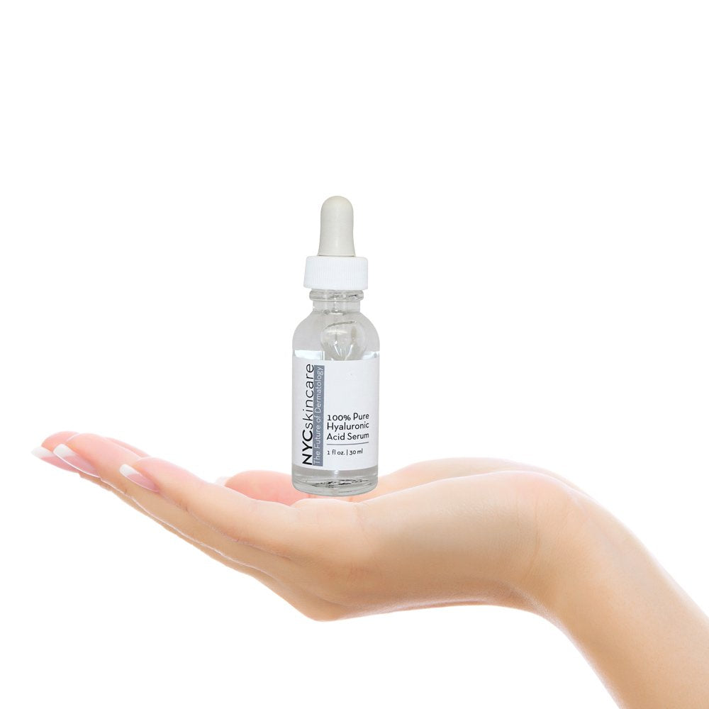 Hyaluronic Acid Facial Serum in a clear glass dropper bottle with white cap and minimalist label.
