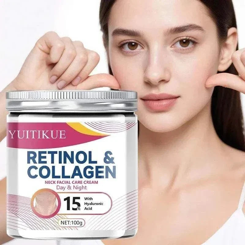 Collagen Neck Cream in a white jar with a silver lid, magenta and yellow label, and retinol and collagen branding