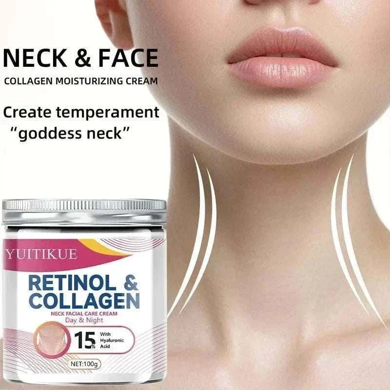 Collagen Neck Cream in a white and pink 100g jar labeled retinol and collagen for neck and face care