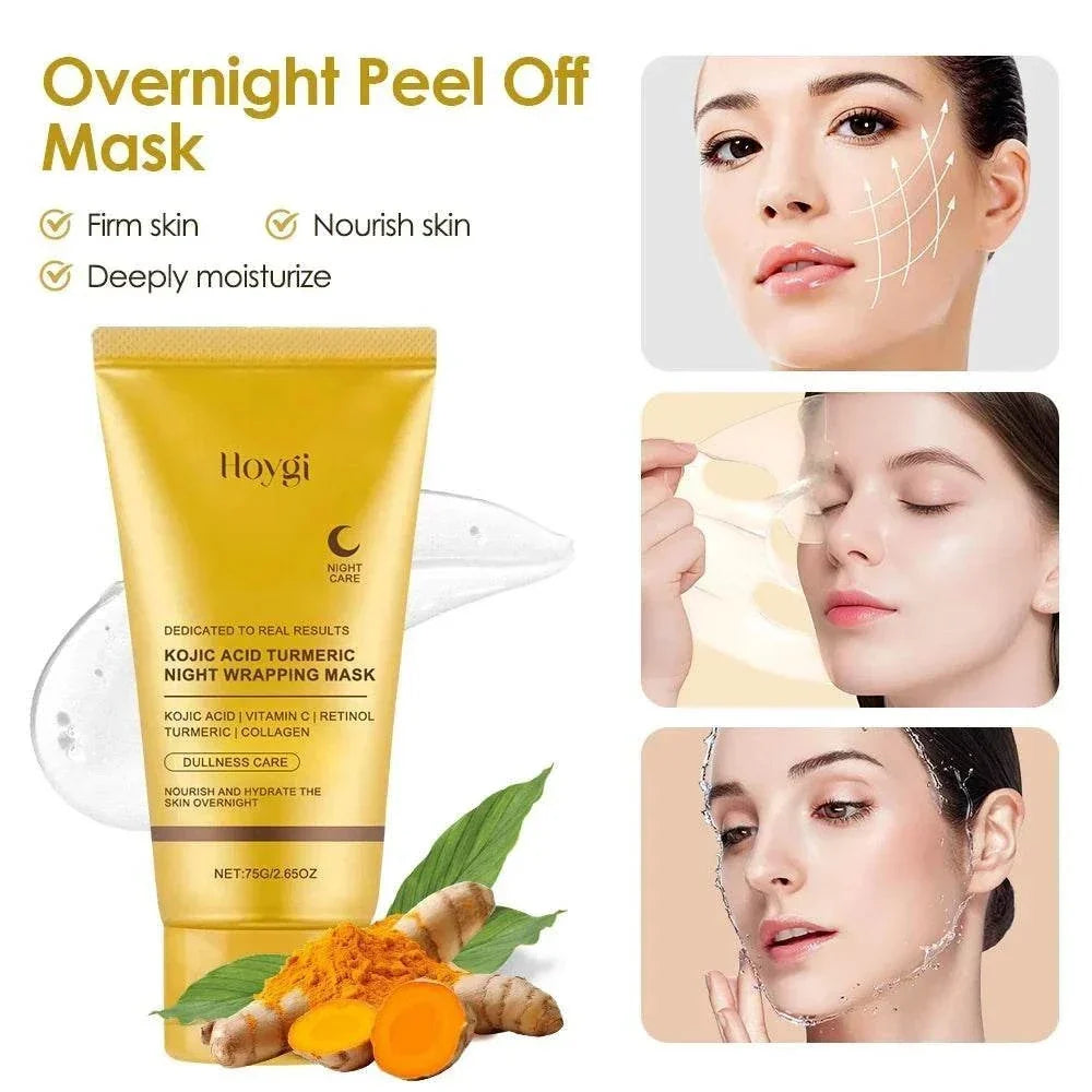 Collagen Overnight Facial Mask in a gold tube with turmeric root and leaves, showing smooth skin treatment steps on a model&