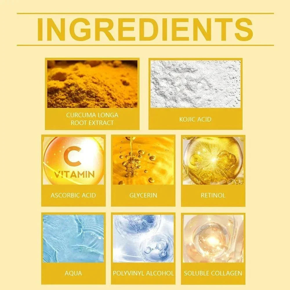 Collagen Overnight Facial Mask ingredients including turmeric root extract, kojic acid, vitamin C, glycerin, retinol, aqua, polyvinyl alcohol, and soluble collagen in yellow and white blocks