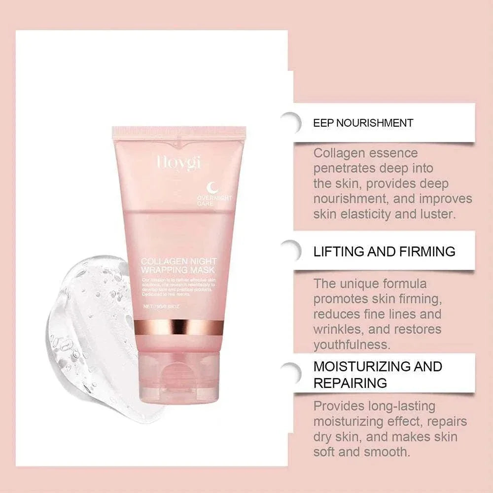 Collagen Overnight Facial Mask in a pink tube with white text, featuring skincare benefits and a clear gel texture swatch