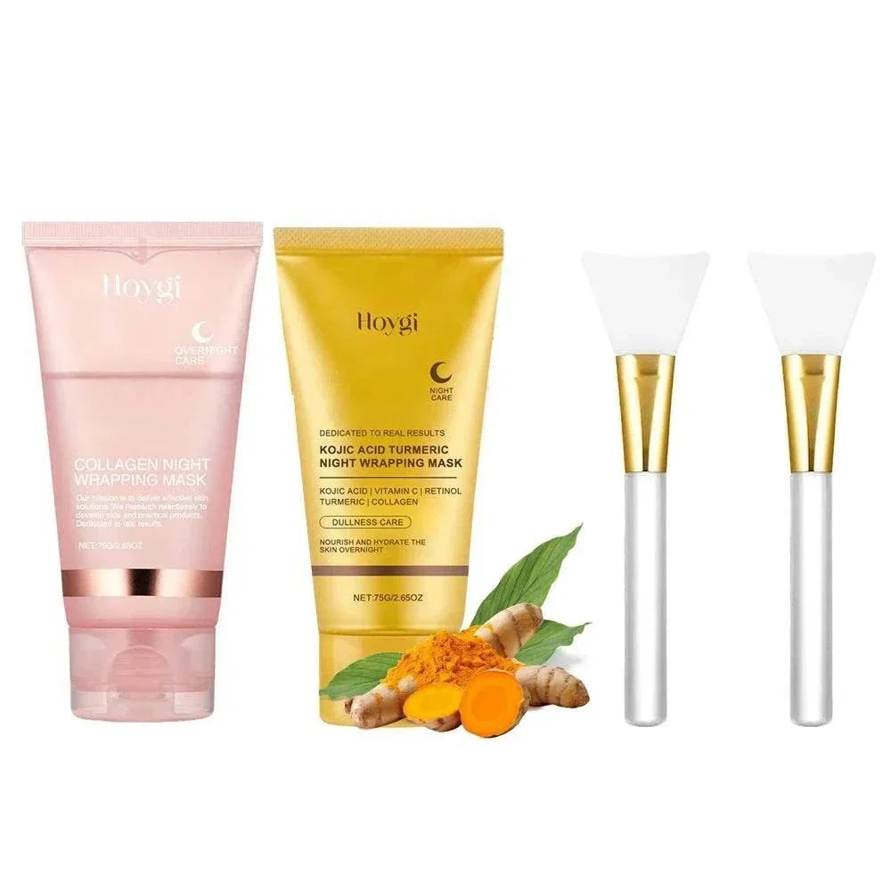 Collagen Overnight Facial Mask set including a pink collagen night wrapping mask, a yellow turmeric night mask, and two white silicone applicators with gold handles