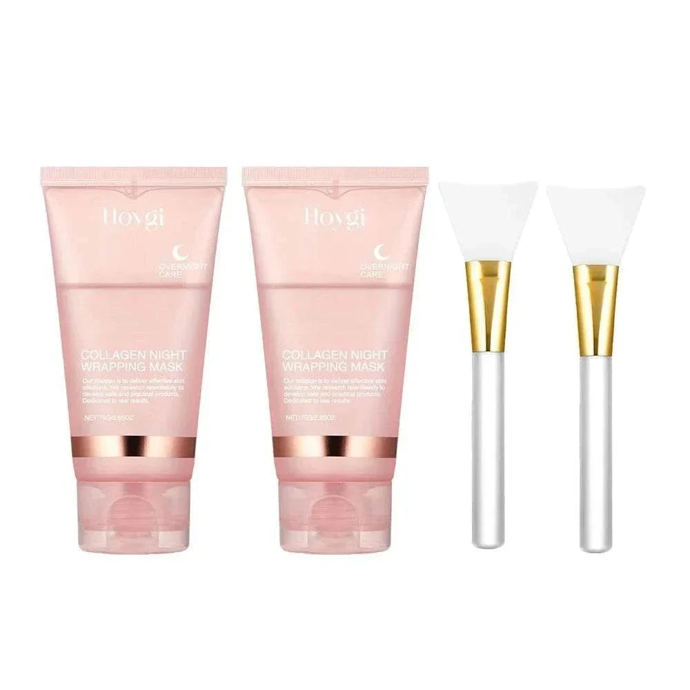 Collagen Overnight Facial Mask set with two pink tubes featuring rose gold accents and two white silicone applicator brushes with gold ferrules