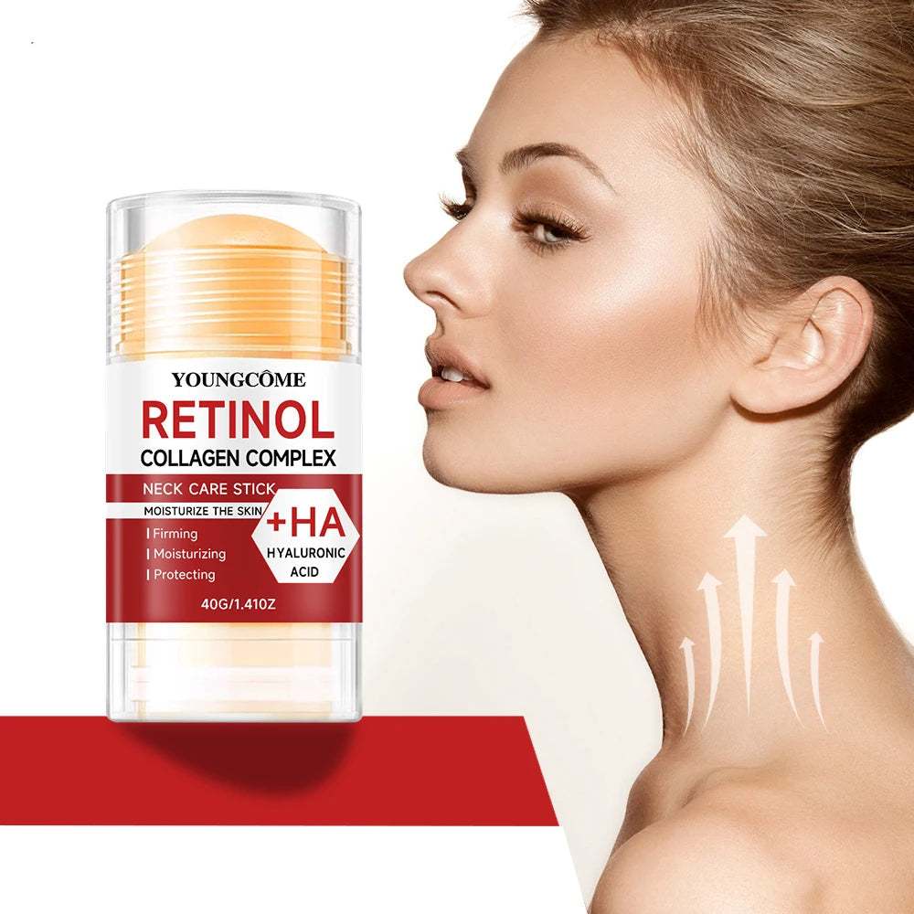 Retinol Face and Neck Treatment bar with clear packaging, red-and-white label, and collagen complex formula