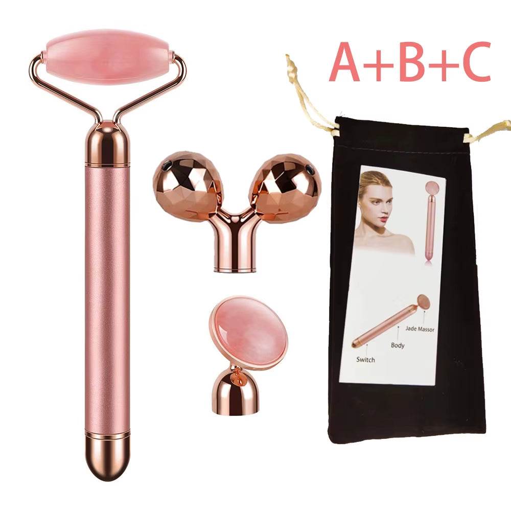 Electric Vibrating Facial Roller set in rose metal, featuring a jade roller, dual facial massager and storage pouch