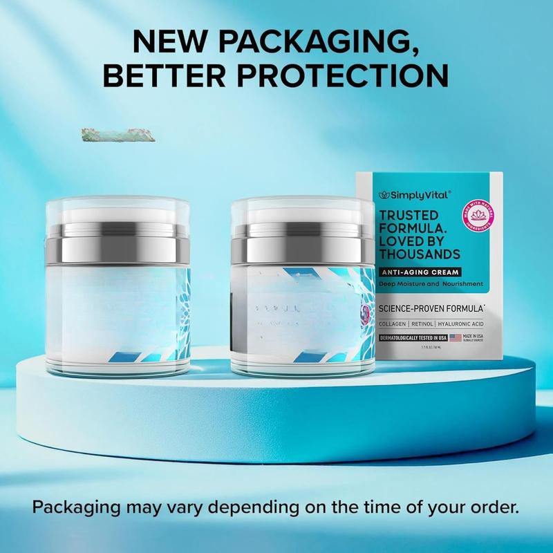 Anti-Aging Face Moisturizer cream jars with silver lids and blue-and-white packaging, featuring retinol formula box