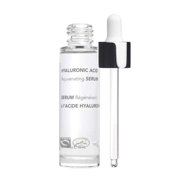Hyaluronic Acid Rejuvenating Serum in a clear glass dropper bottle with a white and black cap