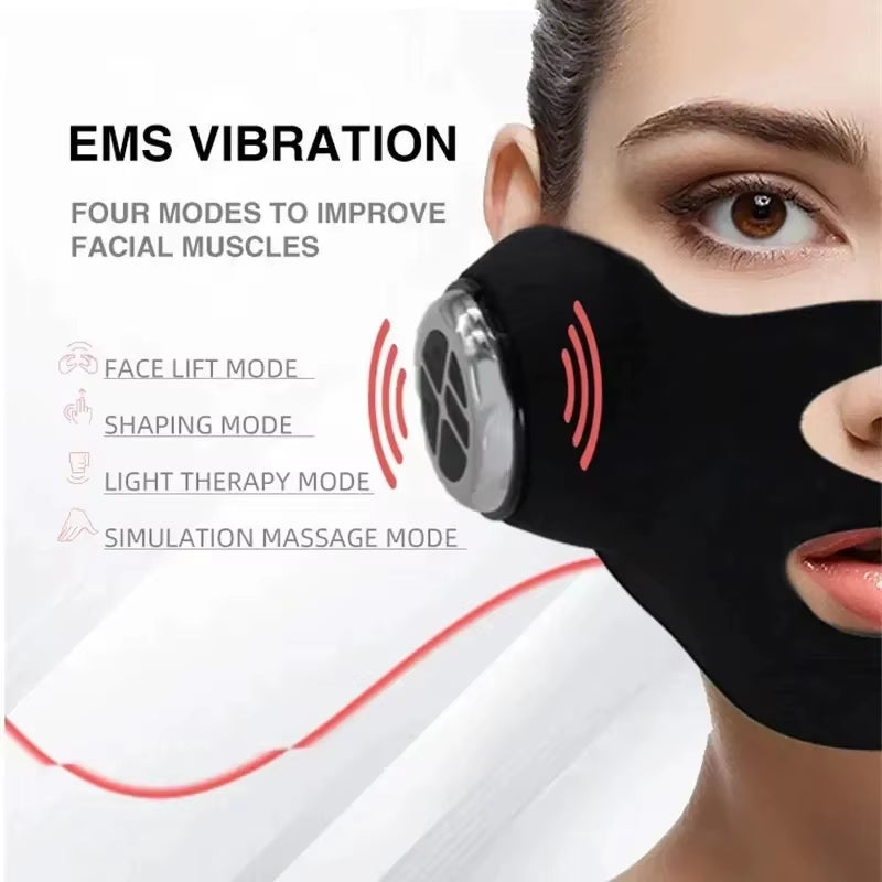 V Face EMS Mask in black, wearable facial device with silver EMS vibration module and red accents