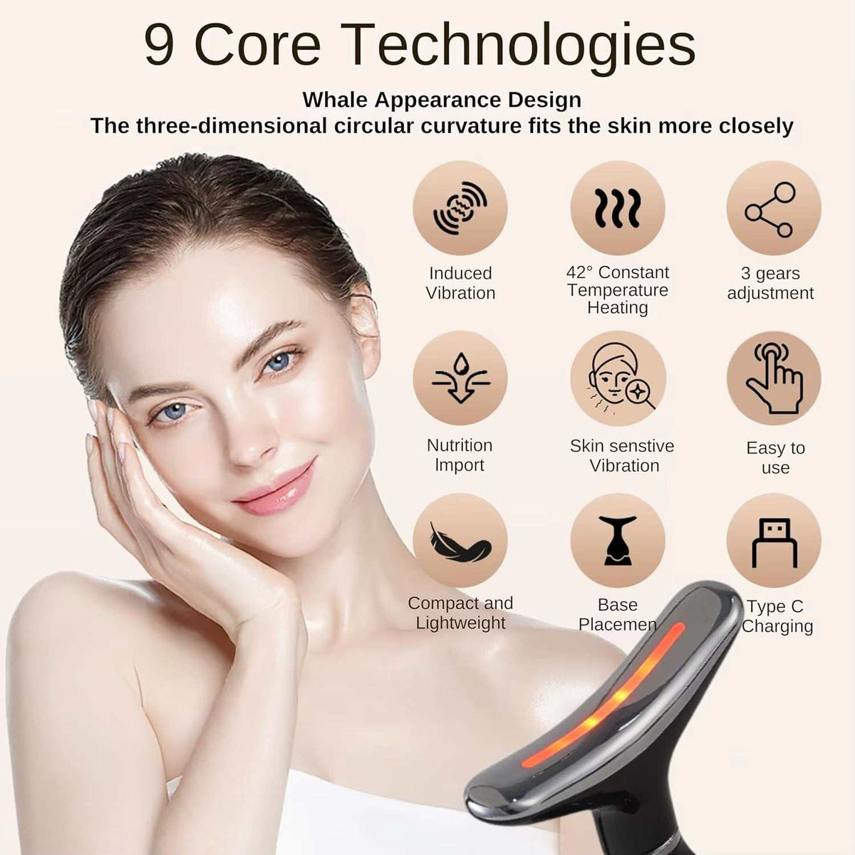 3-in-1 LED Neck beauty device in black, handheld with curved design, orange LED strip and ergonomic grip