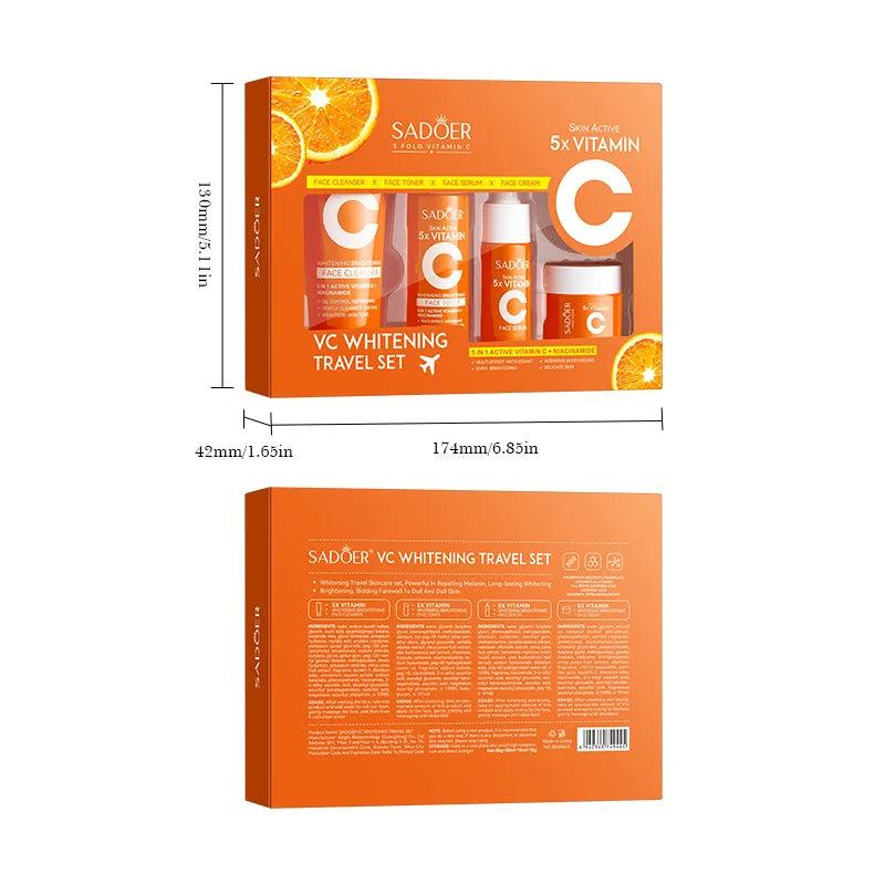 Vitamin C Moisturizing travel skincare set in an orange box with cleanser, toner, serum and cream minis