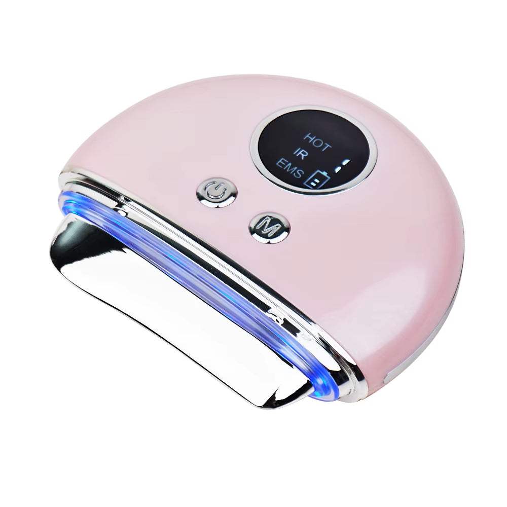 Electric gua sha facial tool in pink with chrome trim, blue light strip and digital control display, Nysmart Library JMK