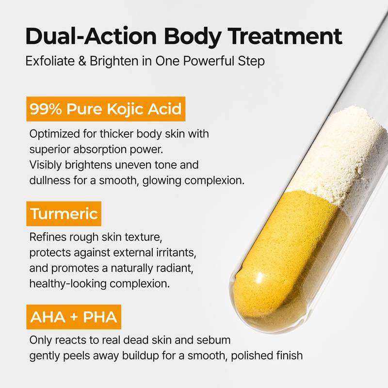 Dr.Melaxin Peel Shot body exfoliant with yellow and cream powder layers in a clear capsule-shaped applicator