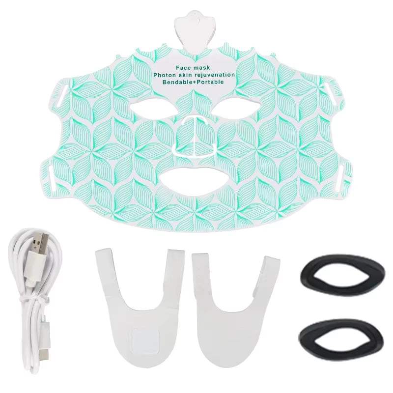 LED Photon Beauty Mask, white silicone face mask with mint leaf pattern, USB cable and adjustable straps