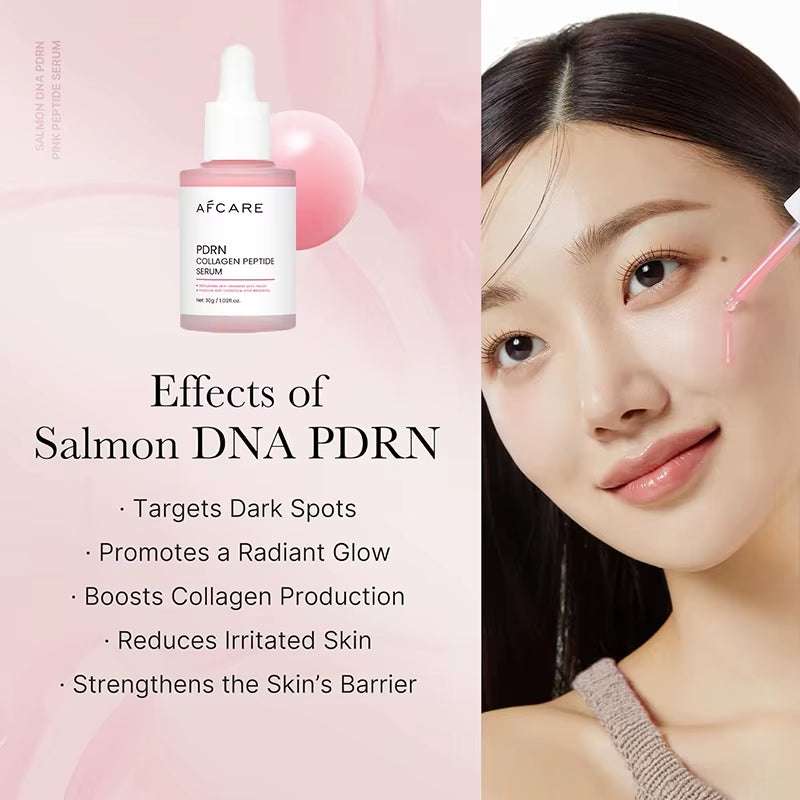 Korean Facial Serum in a pink dropper bottle, featuring Salmon DNA PDRN and collagen peptide formula.