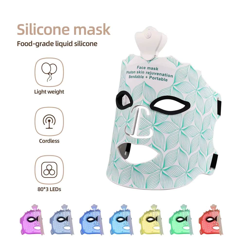 LED Silicone Facial Mask in white with green leaf pattern, lightweight cordless design and 80×3 LED lights