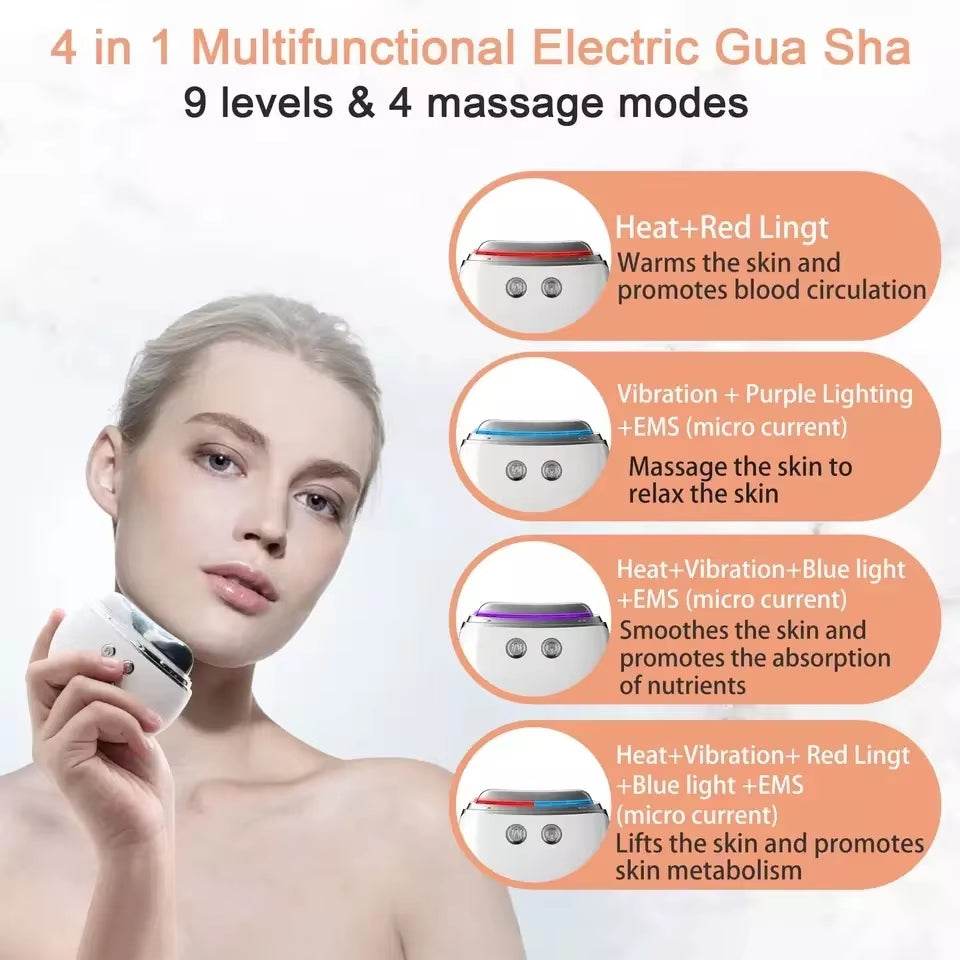 LED Facial Massager, white electric gua sha tool with metallic head, LED lights, heat and vibration modes