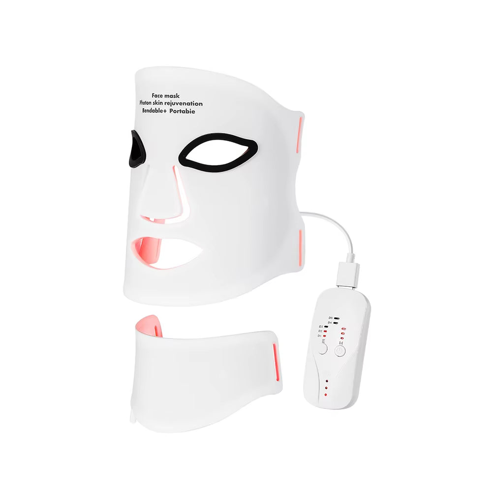 Silicone Red Light Therapy Mask in white, with eye and mouth openings, red LED accents, and wired controller
