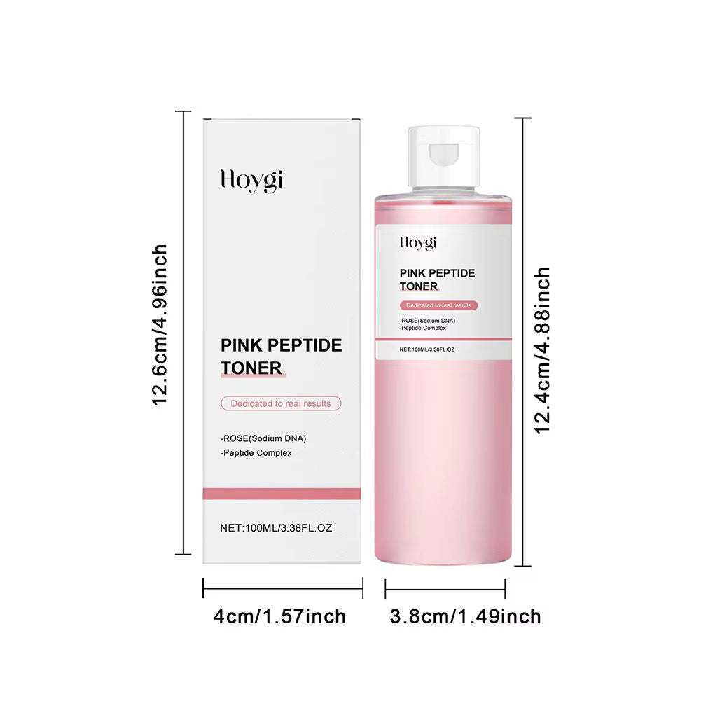 Rose Essence Toner in a pink plastic bottle with matching box, featuring a clear cap and peptide formula label
