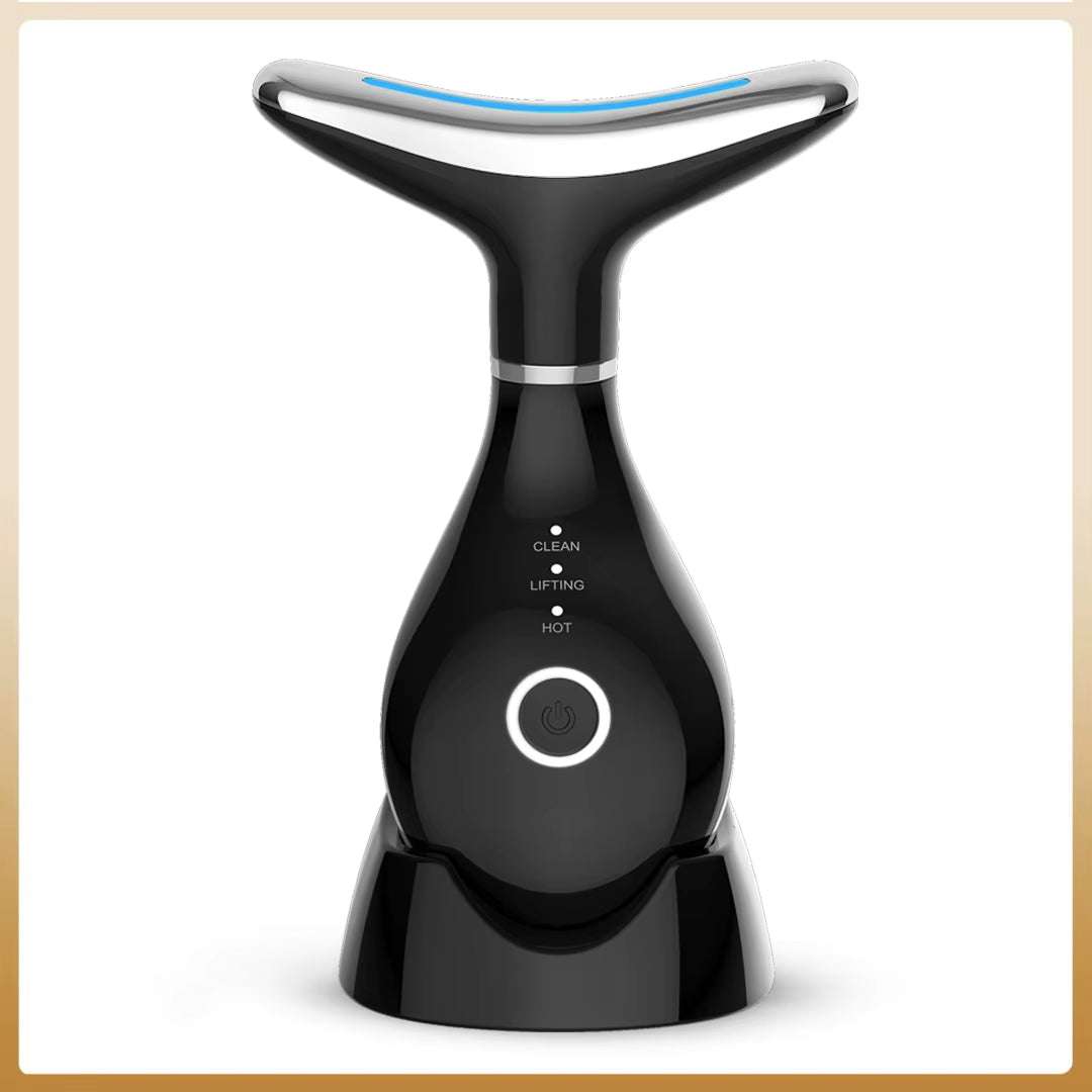 3-in-1 LED Neck beauty device in glossy black with silver trim, curved metal massage head and blue LED strip