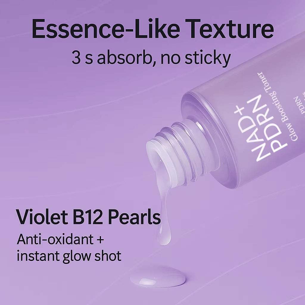 NAD+PDRN Glow Boosting Toner in a translucent violet bottle, with essence-like liquid and violet B12 pearls