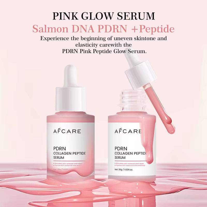 Korean Facial Serum in pink glass dropper bottles, featuring PDRN collagen peptide formula and glossy labels