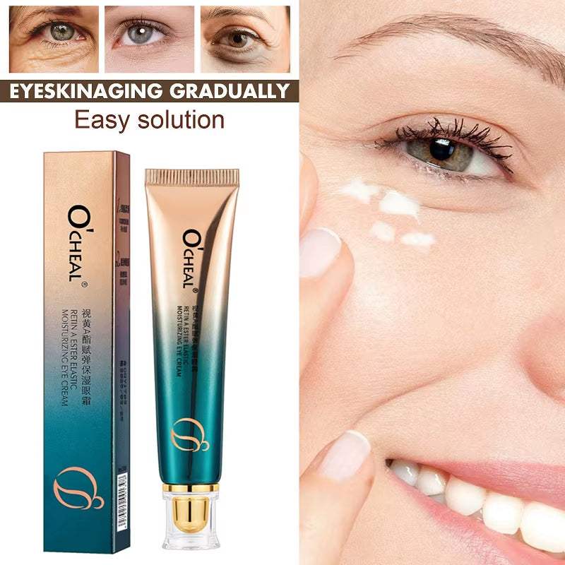 Moisturizing Eye Cream in a teal and gold tube with matching box, shown applied beneath the eye for hydration.