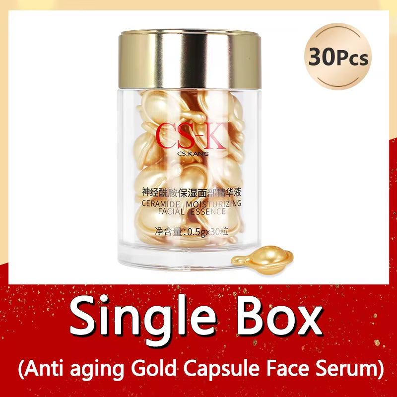 Ceramide Face Capsule Serum in a clear bottle with gold capsules and metallic gold cap, 30-piece pack