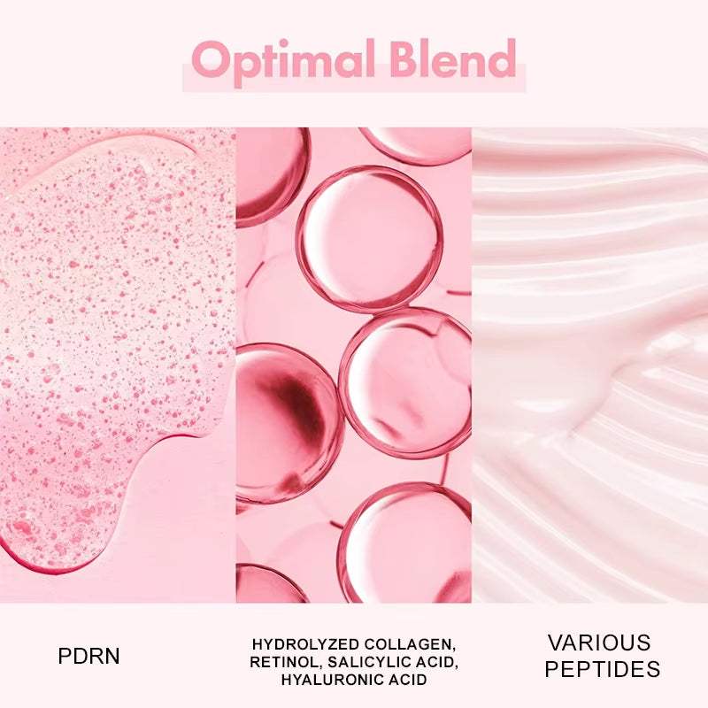 Korean Facial Serum graphic in pink tones, featuring PDRN, collagen, acids, hyaluronic acid and various peptides