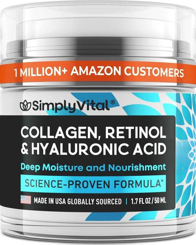 Anti-Aging Face Moisturizer in a clear jar with a colorful label, featuring collagen, retinol and hyaluronic acid formulas