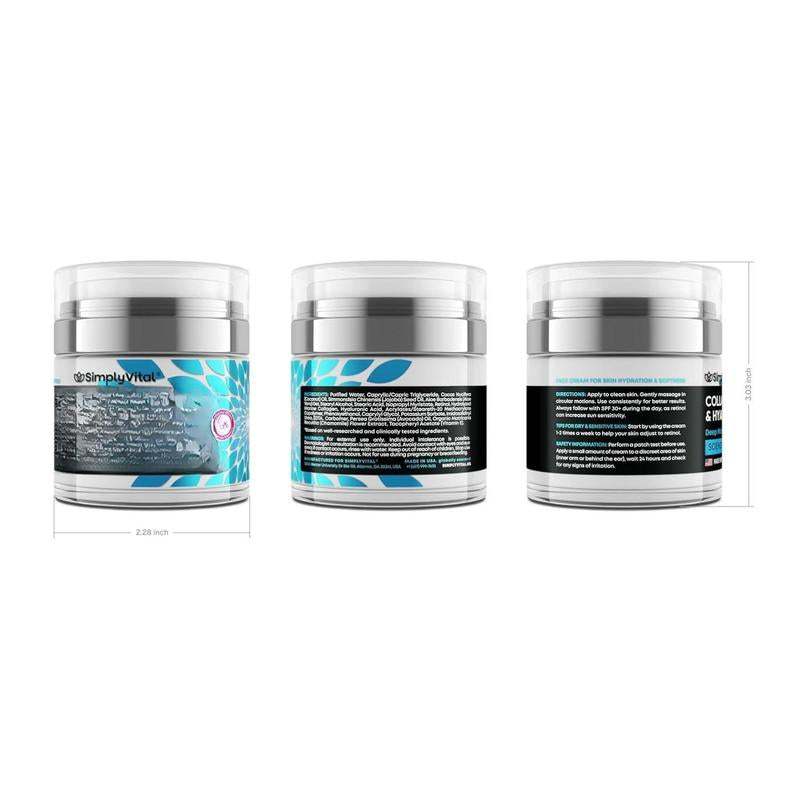 Anti-Aging Face Moisturizer cream in clear plastic jars, featuring turquoise and black labels with white text, three-pack display