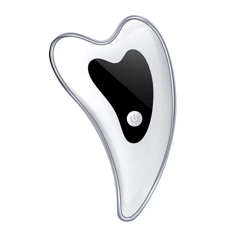 Electric Gua Sha Face Massager in silver plastic with a smooth contoured body and black central control panel