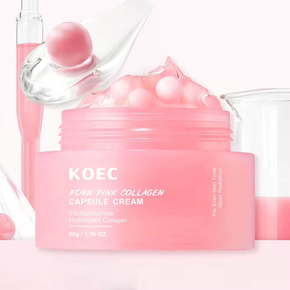 Pink collagen capsule cream, KOEC PDRN Pink Collagen Capsule Cream, in a pink gel jar with capsules formulation