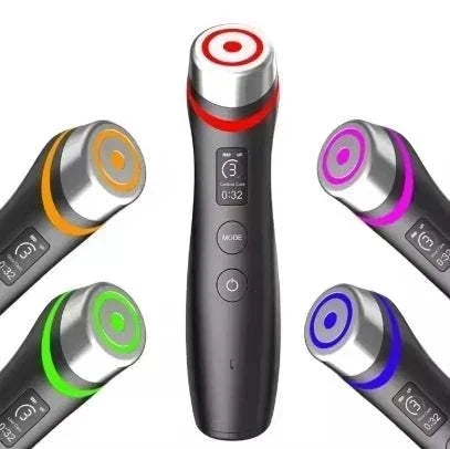 Facial Massager with a slim black handle, silver treatment head, and red, orange, green, purple, and blue rings