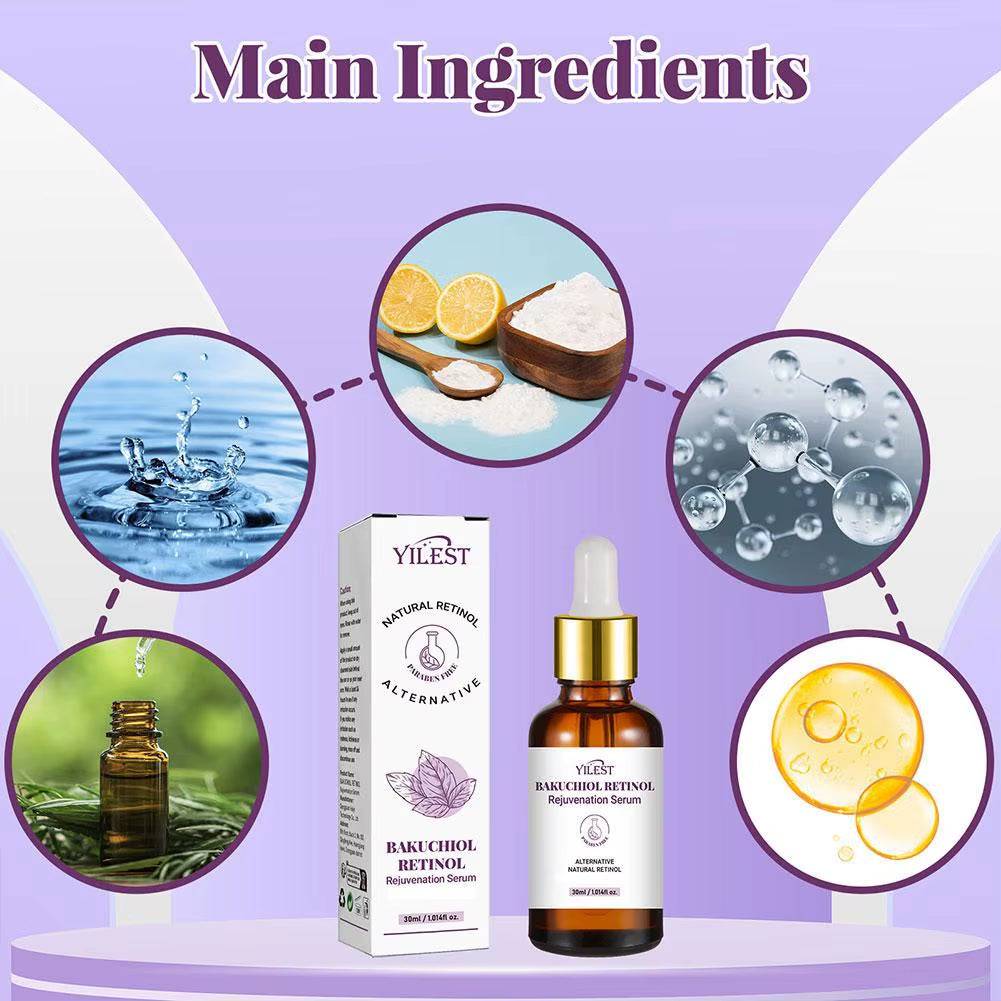 Bakuchiol Retinol Rejuvenation Serum in amber glass dropper bottle with matching box and botanical label