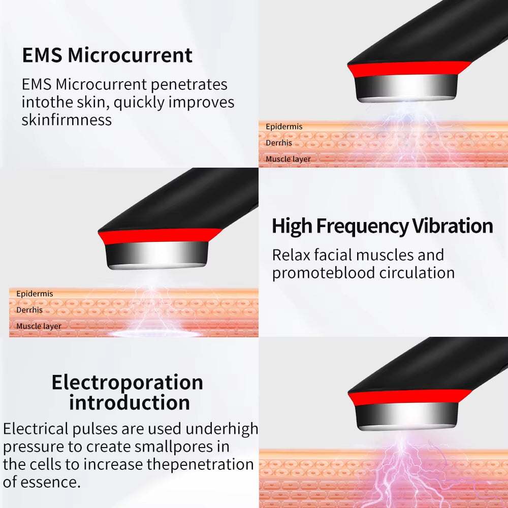 EMS Microcurrent Facial massager with black handle, red trim and silver metal treatment head for skincare