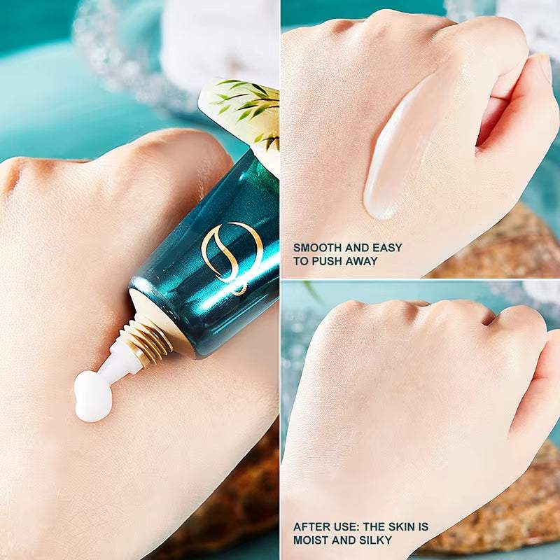 Moisturizing Eye Cream in a teal tube with a white cream texture, shown smooth and silky after use