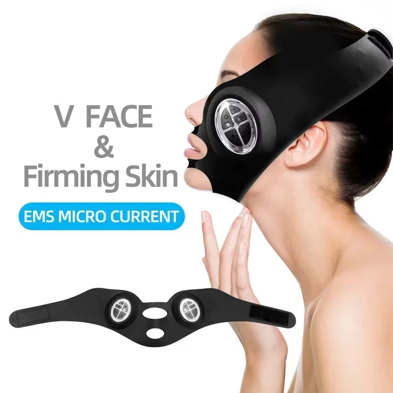 V Face EMS Mask, black wearable silicone facial device with silver control pads for jawline firming support