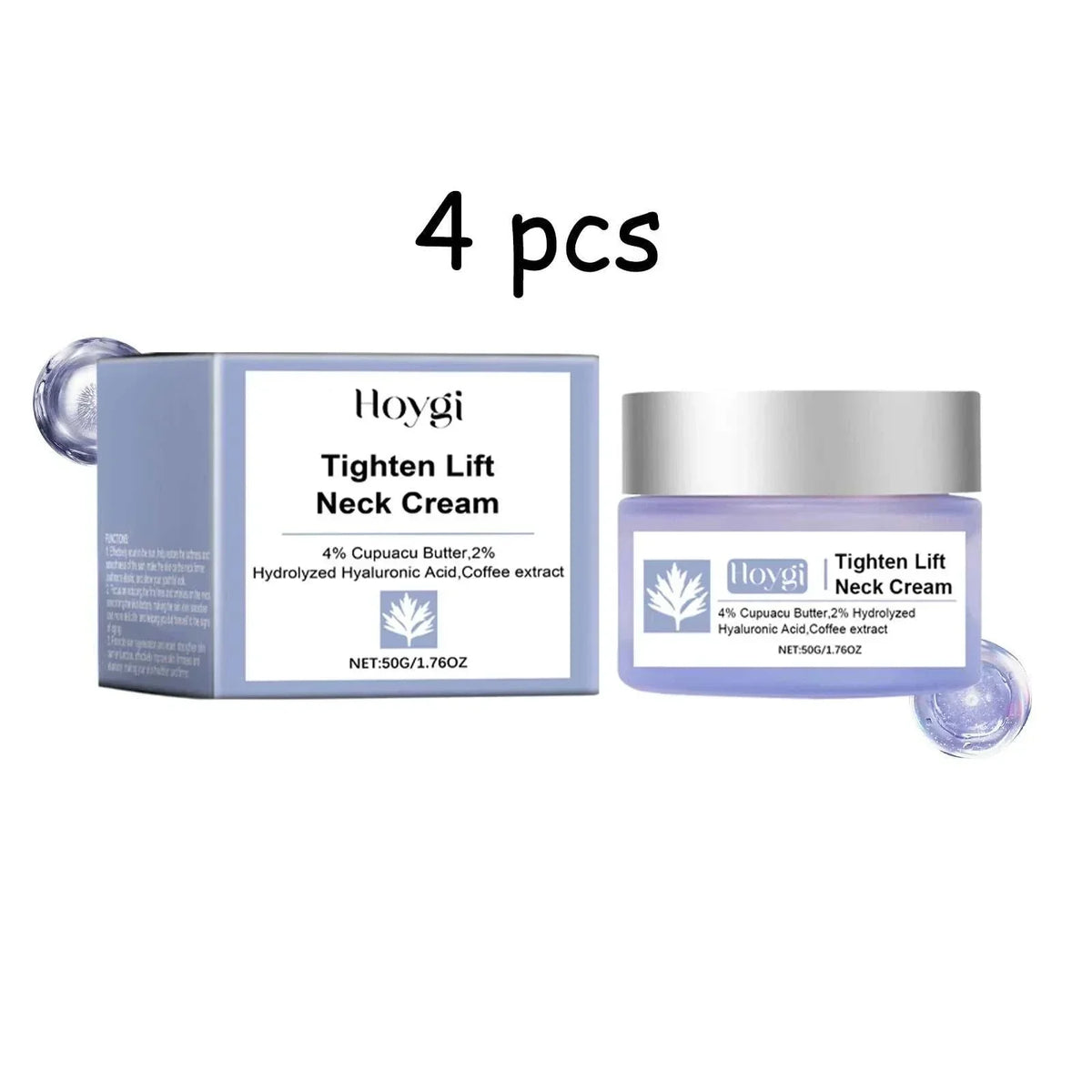 Firming & Lifting Neck Cream in a lavender-blue jar with silver lid and matching box, shown as a four-piece set