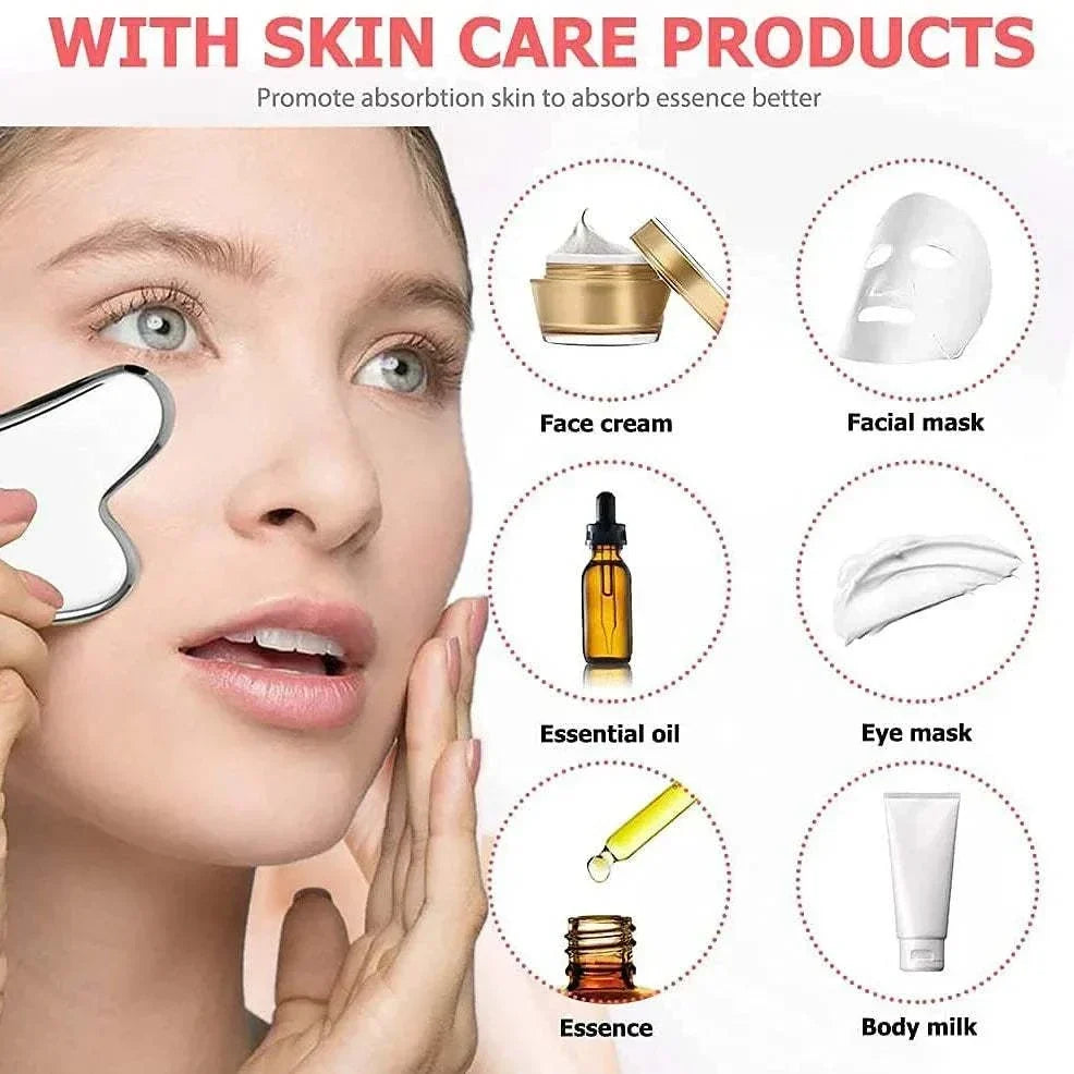 ice facial roller set, stainless steel facial massage tool shown with skincare products for cooling, soothing care