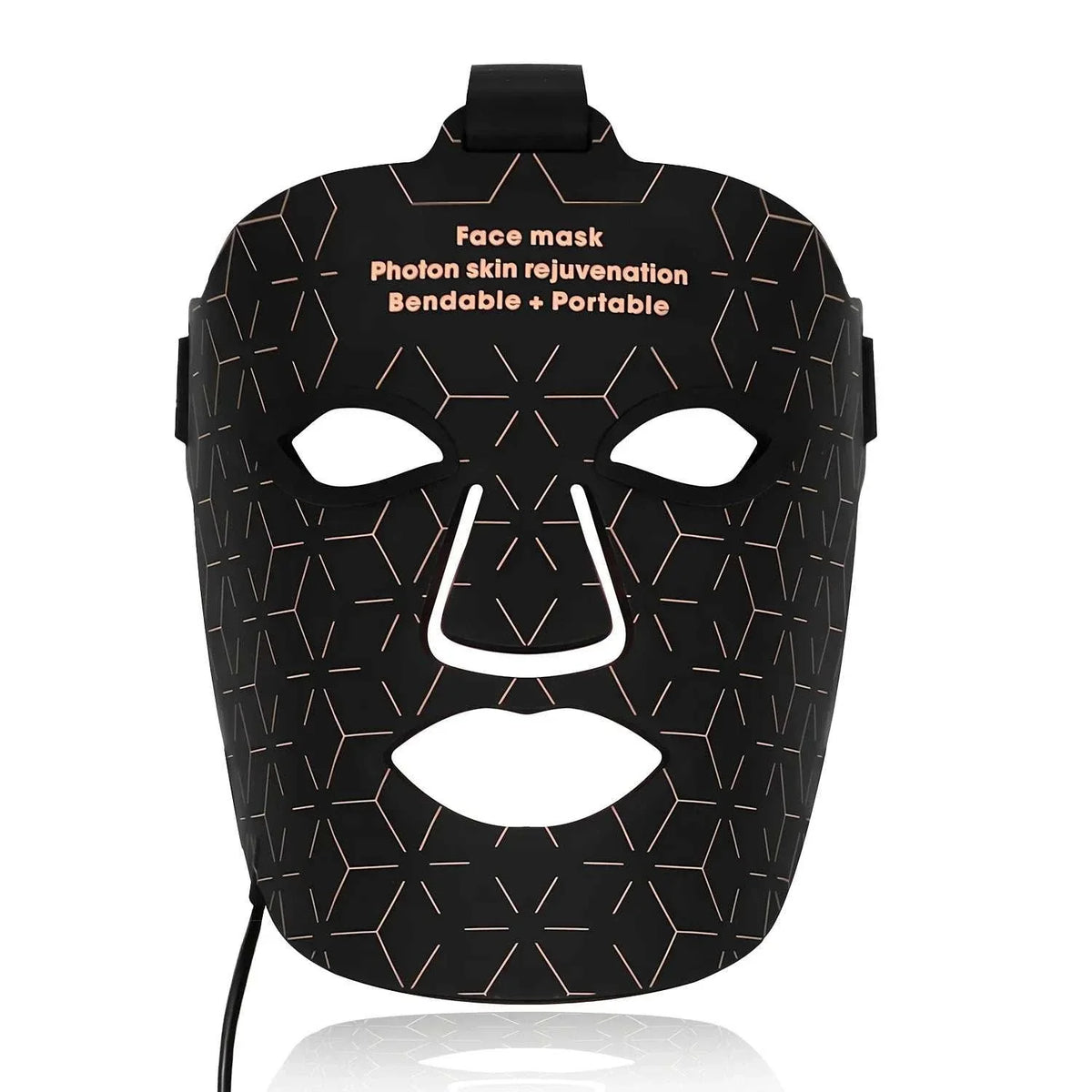 Black LED facial mask with geometric pattern and cutouts for eyes, nose, and mouth designed for Infrared Light Therapy skincare.