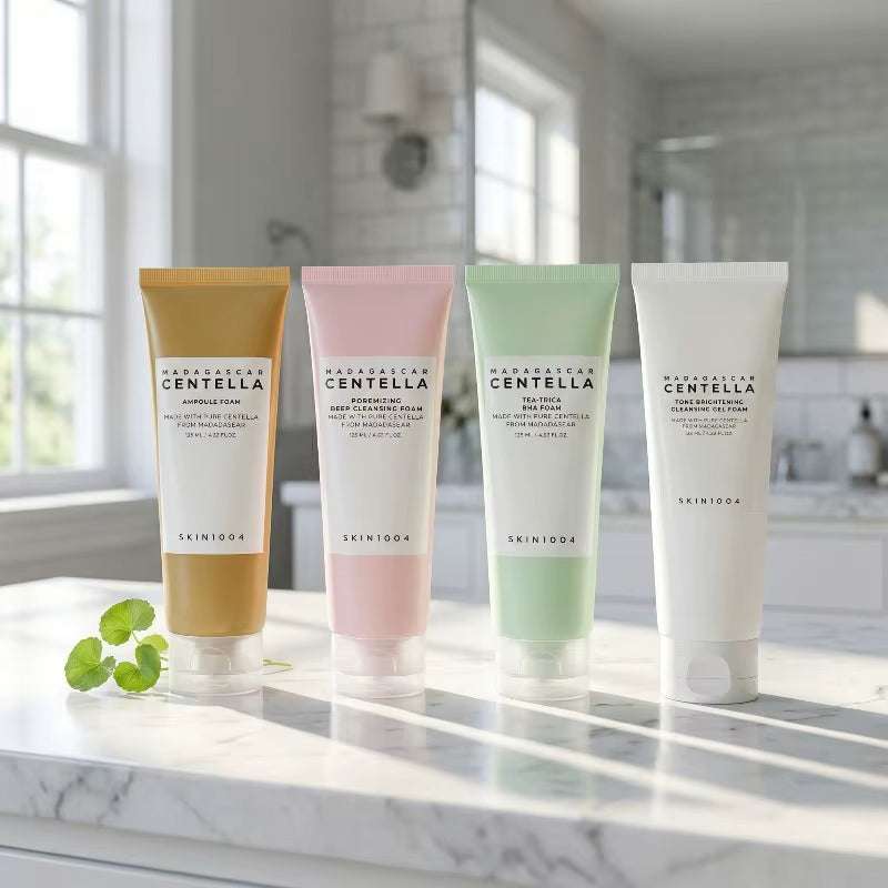 Korean Centella Series facial cleanser tubes in brown, pink, green, and white with Centella packaging