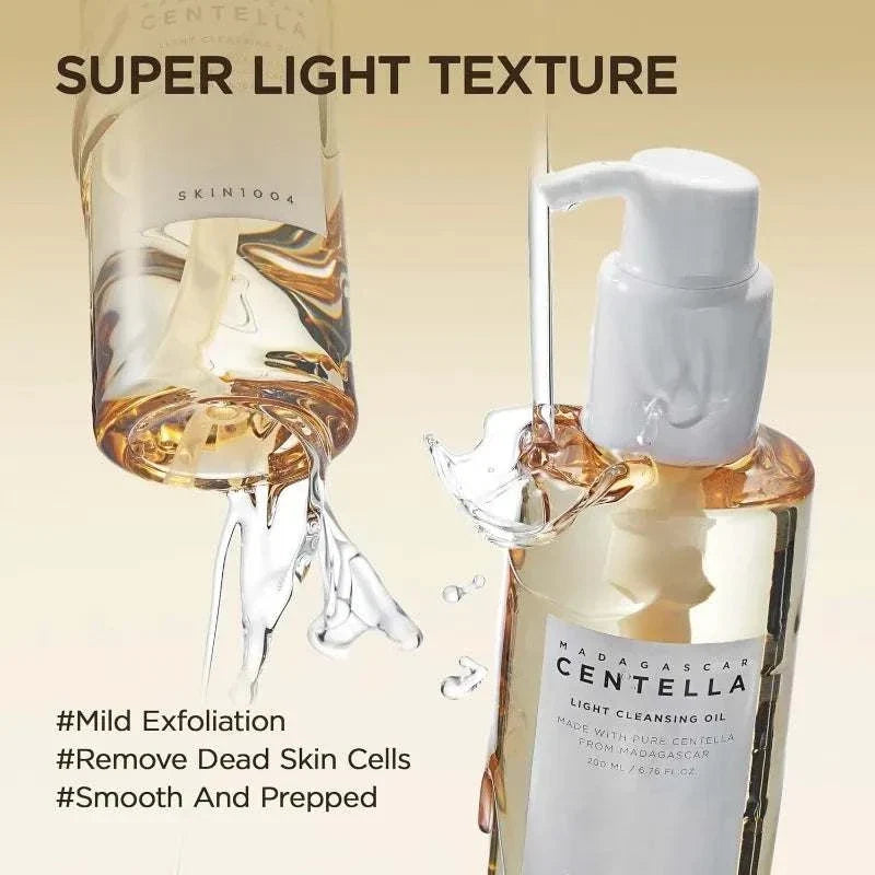 Korean SKIN1004 Skincare clear light cleansing oil and toner in transparent bottles with white pump and cap, labeled Madagascar Centella