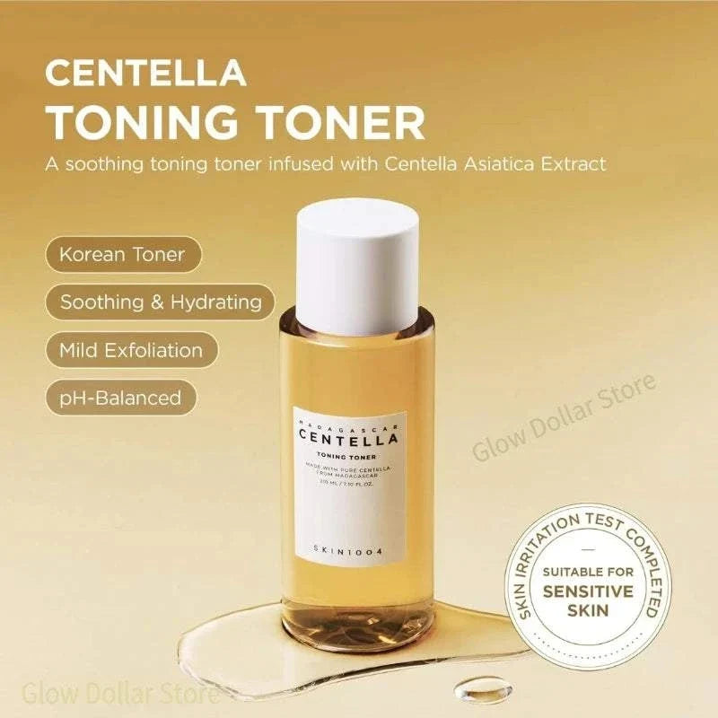 Centella toning toner in a clear light brown bottle with white cap, featuring soothing and hydrating properties for sensitive skin, part of Korean SKIN1004 Skincare