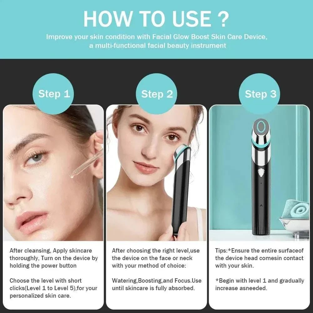 Micro Current Facial Massage Tool in black with metallic detailing, shown with facial skincare application and usage steps