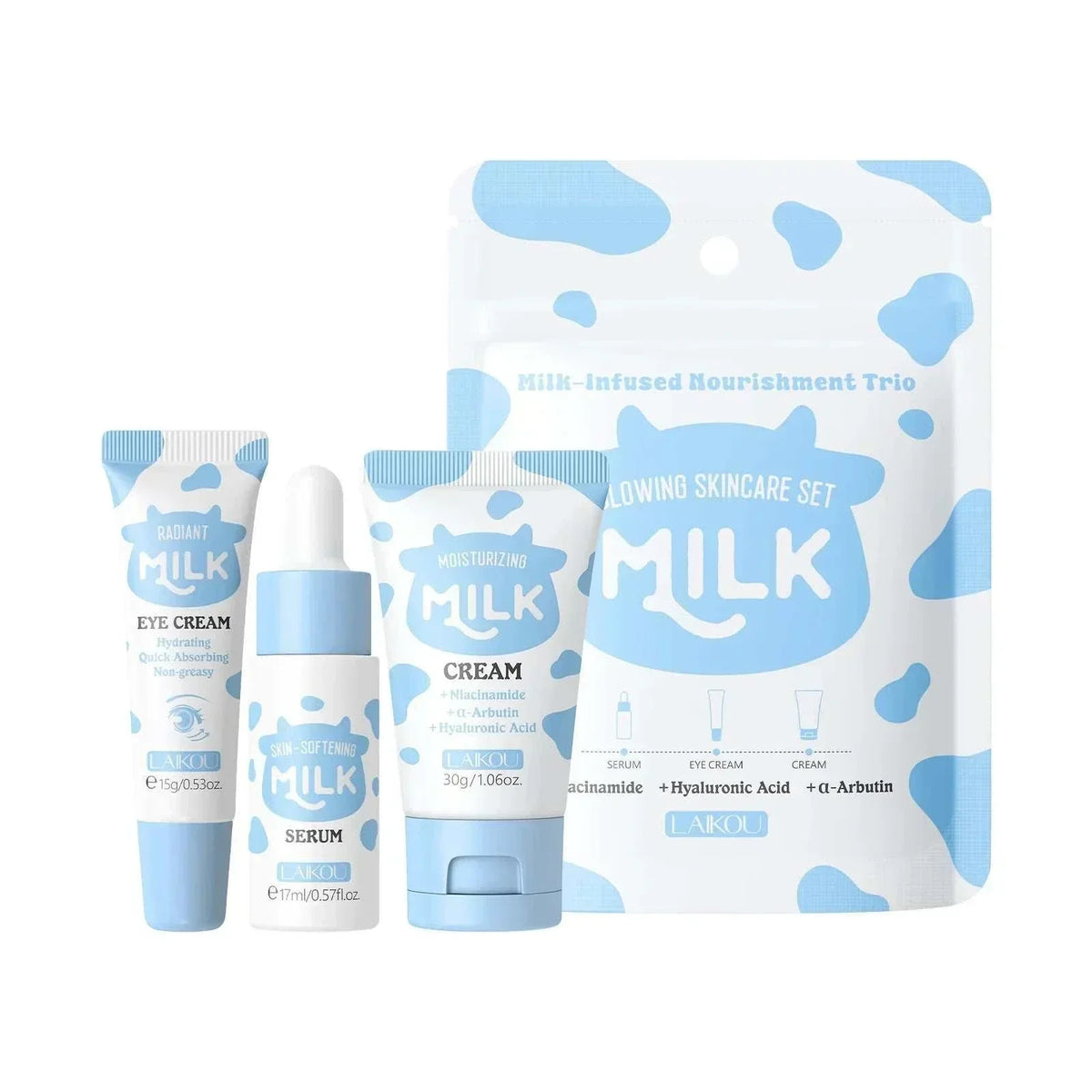 moisturizing Skin Care Trio with blue-and-white milk-patterned packaging, featuring serum, eye cream, and face cream