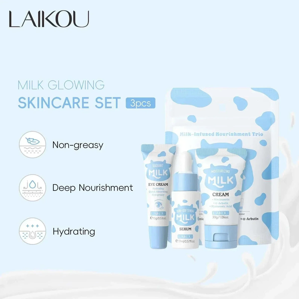 moisturizing Skin Care Trio with three blue-and-white milk skincare tubes and matching pouch featuring cow-print patches