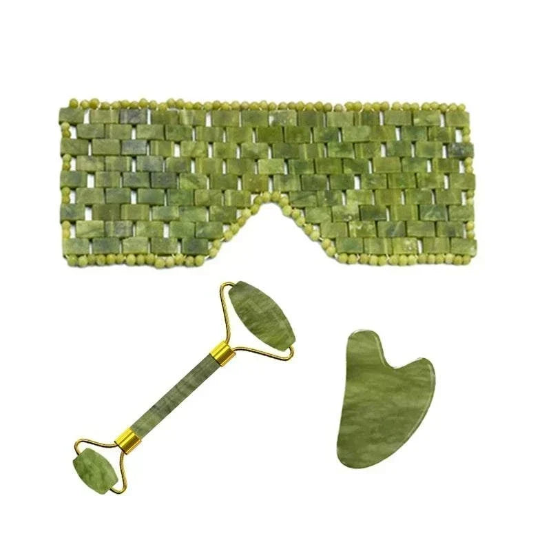 Natural Xiuyan Jade facial massage set in mottled green stone, with a woven eye mask, roller and gua sha scraper